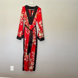 Red Oriental Print Plunge Tie Waist Jumpsuit
